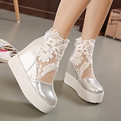 economico Casuale-scarpe da donna con zeppa e plateau bianche con ricami floreali in pizzo – eleganti calzature da sposa o da festa casual