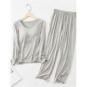 cheap Women&#039;s Sleepwear-Women&#039;s Pajamas Sets Pure Color Simple Comfort Home Daily Bed Modal Breathable Crew Neck Long Sleeve T shirt Tee Pant Elastic Waist Summer Spring Home Outfits