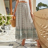 abordables Jupes-Femme Jupe Trapèze Balançoire Bohême Mode Décontractées Bohème Maxi Taille haute Jupes Floral Cordon Imprimer Pointes fourchues Vacances du quotidien Jaune Rouge Vert Eté Rayonne