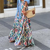 billiga Kjolar-damkjol en linje gunga bohemia maxi hög midja kjolar med blommönster geometriskt rutigt gatesemester sommar casual boho blå