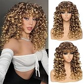 abordables Perruques de fête-perruque bouclée grande perruque bouclée pour femmes blanches et noires perruque afro bouclée longue de 20 pouces avec frange perruques de remplacement de cheveux synthétiques pour cosplay et