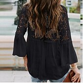 cheap Basic Women&#039;s Tops-Shirt Boho Shirt Lace Shirt Blouse Women&#039;s Black White Pink Solid Color Lace Button Street Daily Fashion V Neck S