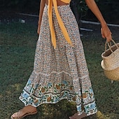 tanie Spódnice graficzne-spódnica damska linia swing bohemia maxi spódnice z wysokim stanem kwiatowy wzór kwiatowy wakacje wakacje lato casual boho morela czerwony