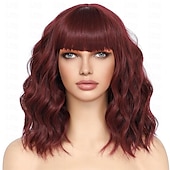 cheap Synthetic Trendy Wigs-Bob Wig With Bangs Short Wavy Blue Wig Women Synthetic Colored Bachelorette Wigs Shoulder Length Party Halloween Christmas Fun Cosplay Wigs