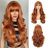 abordables Perruques Synthétiques Sans Bonnet-Perruque ondulée longue marron moyen avec frange pour femme 26 pouces d&#039;aspect naturel en fibre synthétique résistante à la chaleur de remplacement de cheveux d&#039;aspect naturel perruque longue ondulée