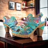 billige Plattformhæler-Dame Høye hæler Sandaler Håndlagde sko Vintage sko Fest Daglig Strand Blomstret Konisk hæl Fantasihæl Elegant Bohem Årgang Lær Spenne Rød Blå Brun