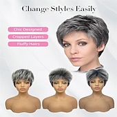 cheap Older Wigs-Pixie Cut Short Gray Wigs for White Women Sassy Short Haircuts for Older Lady Mixed Black Grey Highlight Synthetic Wig with Bangs for Daily Party Use