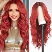 economico Parrucche trendy sintetiche-parrucca lunga ondulata bordeaux per le donne parrucca riccia rossa da 26 pollici parte centrale parrucca in fibra sintetica resistente al calore dall&#039;aspetto naturale per l&#039;uso quotidiano nelle feste
