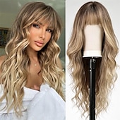 abordables Perruques Synthétiques Sans Bonnet-Perruques blondes sales ombrées avec frange blonde longue perruque ondulée pour femmes perruque de cheveux synthétiques bouclés longs pour usage quotidien de fête 24 pouces