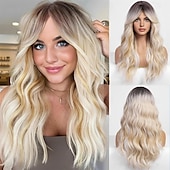 abordables Perruques Synthétiques Sans Bonnet-Perruques blondes sales ombrées avec frange blonde longue perruque ondulée pour femmes perruque de cheveux synthétiques bouclés longs pour usage quotidien de fête 24 pouces