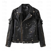 preiswerte Kunstlederjacke-Herren Kunstlederjacke Bikerjacke Vintage Lederjacke Straße Motorrad Thermowarm Tasche Frühling &amp; Herbst Einfarbig Streetwear Lässig Umlegekragen Regulär Kunstleder Schwarz Braun Jacken