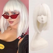 economico Parrucche da festa-Parrucche Bob Bianche per Donne Parrucca corta bianca con frangia Parrucche Bob Lisce Sintetiche Parrucche quotidiane per feste Parrucchi di Halloween