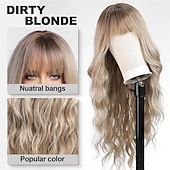 abordables Perruques Synthétiques Sans Bonnet-Perruques blondes sales ombrées avec frange blonde longue perruque ondulée pour femmes perruque de cheveux synthétiques bouclés longs pour usage quotidien de fête 24 pouces