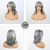 abordables peluca vieja-Pelucas de sal y pimienta para mujer, color gris plateado ombre, peluca en capas bob con flequillo de cortina, cortes de pelo cortos de duendecillo para mujeres mayores, pelucas bob sintéticas de