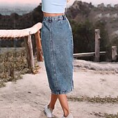 abordables Jupes-Femme Jupe Jupe mi-longue en jean Mode Décontractées Midi Taille haute Jupes Couleur Pleine Pointes fourchues Casual Quotidien Fin de semaine Noir bleu marine Bleu de minuit Eté Jean