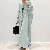 preiswerte bedruckte Kleider aus Baumwolle und Leinen-Damen Schwarz Weiß Hellgrün Sommer Frühling Herbst Maxikleid Baumwoll-Leinen-Kleider Freizeitkleid Shiftkleid Basic Lässig Outdoor Winterkleid Urlaub Lässiger Schnitt Gestreift Hemdkragen