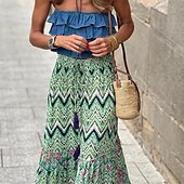 levne sukně-dámská sukně a line švih Čechy maxi sukně s vysokým pasem květinový potisk geometrický barevný blok ulice dovolená léto ležérní boho zelená
