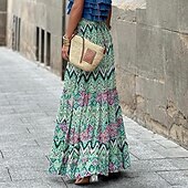 levne sukně-dámská sukně a line švih Čechy maxi sukně s vysokým pasem květinový potisk geometrický barevný blok ulice dovolená léto ležérní boho zelená