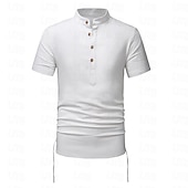 abordables Informal de negocios-Hombre Camisa camisa de lino Camisa de lino de algodón Camisa de algodón blanca Camisa de cuello chino Camisa de cuello mandarín Plano Vacaciones Calle Negro Blanco Azul Marino Caqui Manga Corta