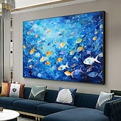 cheap Animal Paintings-Hand painted Abstract Swimming Fishes Oil Painting on Canvas Extra Large Handmade Wall Art  Blue Ocean Art painting Custom Painting Minimalist artwork for Living Room Decor