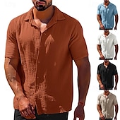 cheap Men&#039;s Button Up Shirts-Men&#039;s Summer Shirt Casual Shirt Beach Shirt T Shirt Button Up Shirt Tee Black White Blue Brown khaki Short Sleeve Plain Lapel Vacation Hawaiian Button-Down Clothing Apparel Polyester Fashion Casual