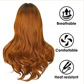 economico Parrucche trendy sintetiche-parrucca ramata con frangia parrucche di capelli naturali per le donne parrucca lunga a strati per le ragazze radici scure parrucca rame rosso ombre resistente al calore parrucca sintetica arancione