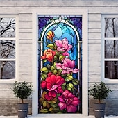 billige Dørdeksler-farget glass mandala dørdeksler veggmaleri dekor dør billedvev dør gardin dekorasjon bakteppe dør banner avtakbar for inngangsdør innendørs utendørs hjemme rom dekorasjon gårdshus dekor forsyninger