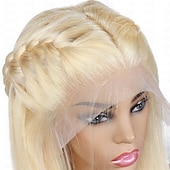 abordables Pelucas delanteras del cordón de cabello natural-Peluca frontal de encaje transparente de 13x4, 613 #, pelucas frontales de encaje liso rubio, cabello humano con cabello de bebé