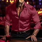 cheap Men&#039;s Satin Shirts-Men&#039;s Shirt Satin Shirt Casual Shirt Button Up Shirt Plain Wedding Vacation Black White Wine Blue Long Sleeve Lapel Spring &amp;  Fall Clothing Apparel
