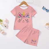 cheap Girl&#039;s 3D Cartoon-Girls&#039; 3D Unicorn Tee &amp; Shorts Pajama Set Pink Short Sleeve 3D Print Summer Active Fashion Cute Polyester Kids 3-12 Years Crew Neck Home Causal Indoor Regular Fit