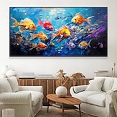 abordables Peintures à l&#039;huile-Peinture à l&#039;huile de poissons nageurs peints à la main sur toile, peinture animale extra large, art mural fait à la main, art abstrait de poisson, peinture personnalisée, décoration minimaliste pour