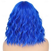 cheap Synthetic Trendy Wigs-Bob Wig With Bangs Short Wavy Blue Wig Women Synthetic Colored Bachelorette Wigs Shoulder Length Party Halloween Christmas Fun Cosplay Wigs