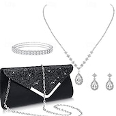 abordables Pour elle-Sac à Main pour Femmes Ensemble de Bijoux en Diamant Aquatique Éclatant Collier Boucles d&#039;Oreilles Bracelet 4 Ensemble Pochette de Mariage Cadeau de Noël