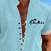 voordelige Tropische planten-Voor heren Palmboom Tropische planten Hawaiiaans overhemd Aloha-shirt Bedrukte overhemden Korte Mouw Overhemd Opstaande boord Hawaii Toevlucht Buiten Vakantie Uitgaan blauw Groen Grijs S M L