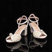 billige Formell-bryllupssko til bruden brudepike kvinner peep toe hvit beige pu sandaler med imitert perleblokk hæl chunky hæl ankelstropp bryllupsfest kveld daglig elegant klassisk