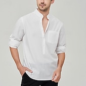cheap Business Casual-Men&#039;s Shirt Linen Shirt Chinese Collar Shirt Mandarin Collar Shirt Summer Shirt Beach Shirt Plain Vacation Street Black White Yellow Pink Long Sleeve Band Collar Summer Clothing Apparel Front Pocket