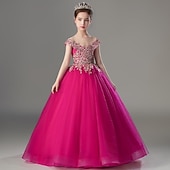 preiswerte Partykleider-kinderkleidung Mädchen Party Kleid Feste Farbe Kurzarm Leistung Hochzeit Gitter Prinzessin Süß Gitter Mitte der Wade Etuikleid Tüll-Kleid Blumenmädchenkleid Sommer Frühling Herbst 2-12 Jahre Rosenrot