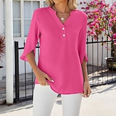 voordelige Vrouwen Werk Tops-Overhemd Blouse Dames Zwart Wit Blozend Roze Effen Kleur nappi Straat Dagelijks Modieus V-hals S