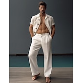 cheap Luxury Linen Pants-40% Linen Men's Linen Pants Trousers Summer Pants Pocket Buttons Straight Leg Plain Comfortable Breathable Vacation Office / Career Daily Classic Casual Black White