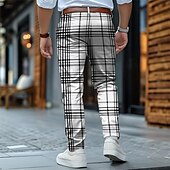 preiswerte Schlank-Karierte/karierte Business-Klassiker-Herren-Business-Anzughose mit 3D-Druck, flache Vorderseite, gerades Bein, Polyester-Hose mit mittlerer Taille, Outdoor-Streetwear für die Arbeit, Alltagskleidung,