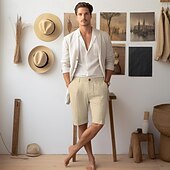 cheap Luxury Linen Pants-40% Linen Men&#039;s Shorts Linen Shorts Summer Shorts Button Up Pocket Plain Breathable Comfortable Short Daily Vacation Going out Classic Casual White Navy Blue