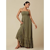 olcso Vakációs ruhák-női üdülőhely maxi ruha smocked derék kék elegáns kötőfék nyak Cami maxi ruha strand takaró