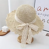 cheap Straw Hat-1 pcs Summer Handmade Crochet Lace Straw Hat For Women With Wide Brim Foldable Beach Hat