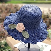 cheap Straw Hat-Women&#039;s Sun Hat Beige Crochet Flower Detail Wide Brim Beach Garden Party Elegant Accessory One Size Fits Most Spring Summer Apparel