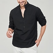 cheap Business Casual-Men&#039;s Shirt Linen Shirt Chinese Collar Shirt Mandarin Collar Shirt Summer Shirt Beach Shirt Plain Vacation Street Black White Yellow Pink Long Sleeve Band Collar Summer Clothing Apparel Front Pocket