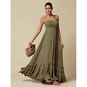 olcso Vakációs ruhák-női üdülőhely maxi ruha smocked derék kék elegáns kötőfék nyak Cami maxi ruha strand takaró