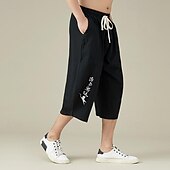 cheap Home-Men&#039;s Linen Pants Summer Pants Beach Pants Pocket Drawstring Elastic Waist Embroidery Comfort Breathable Calf-Length Vacation Daily Holiday Hawaiian Boho Black White