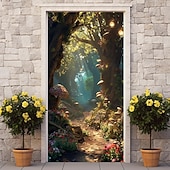 billige Dørdeksler-skog tåkete hule dørdeksler veggmaleri dekor dør billedvev dør gardin dekorasjon bakteppe dør banner avtakbar for inngangsdør innendørs utendørs hjemme rom dekorasjon gårdshus dekor forsyninger
