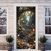billige Dørdeksler-skog tåkete hule dørdeksler veggmaleri dekor dør billedvev dør gardin dekorasjon bakteppe dør banner avtakbar for inngangsdør innendørs utendørs hjemme rom dekorasjon gårdshus dekor forsyninger