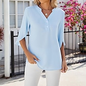 voordelige Vrouwen Werk Tops-Overhemd Blouse Dames Zwart Wit Blozend Roze Effen Kleur nappi Straat Dagelijks Modieus V-hals S